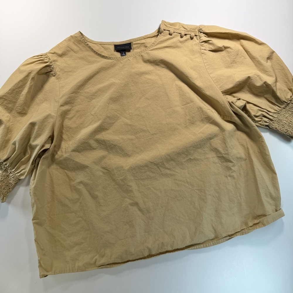Who What Wear Women's Puff Sleeve Khaki‎ Top Button Detail Short Sleeve Large